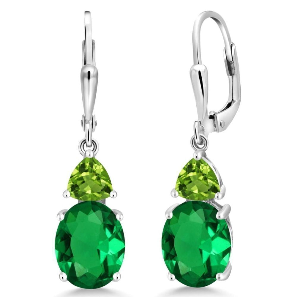 925 Sterling Silver with 4.96 Cttw Emerald and Peridot Leverback Drop Earrings